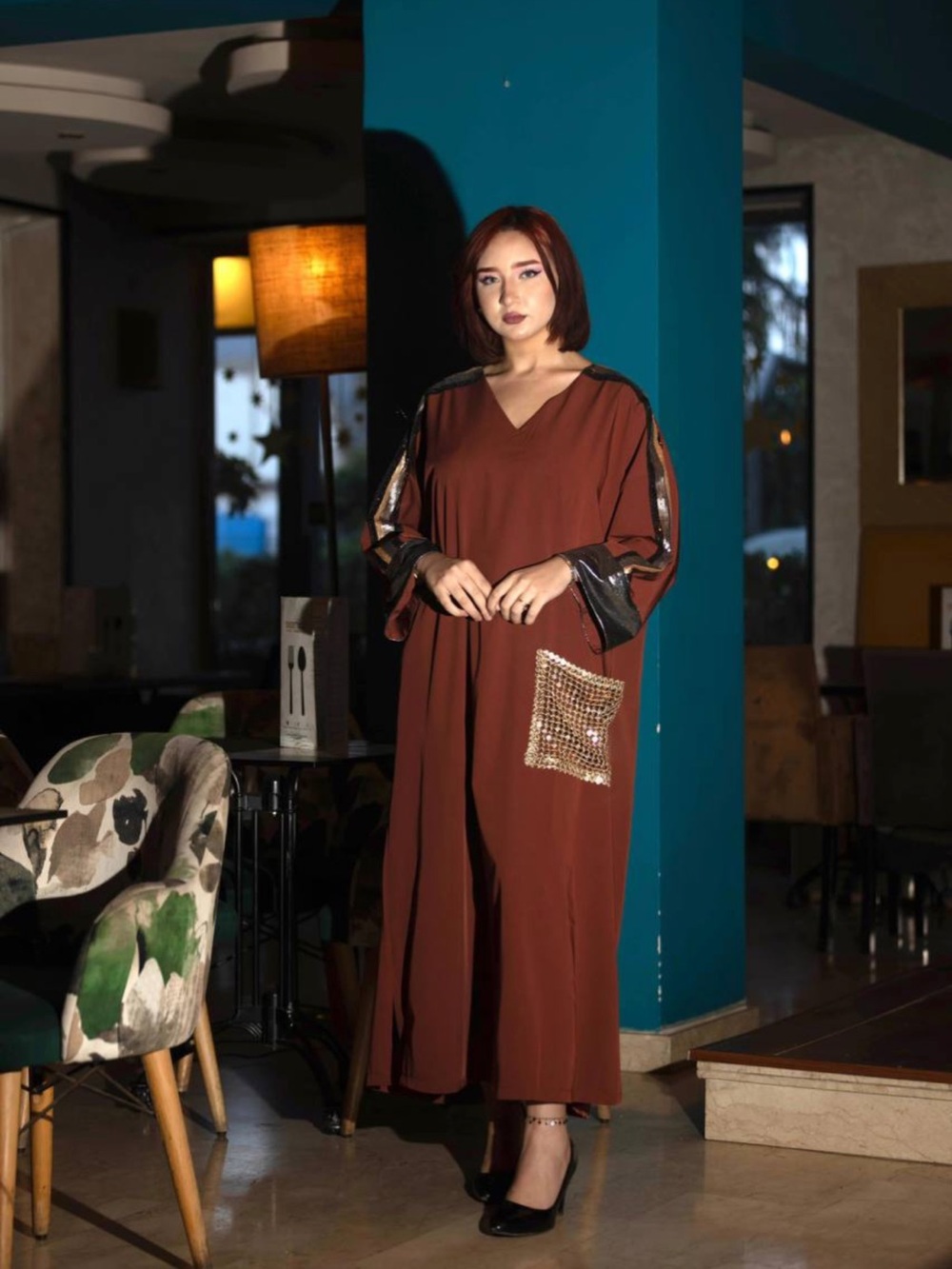 Elegant Maroon Womens Dress with Metallic Sleeve Accents - Picture 8 of 8
